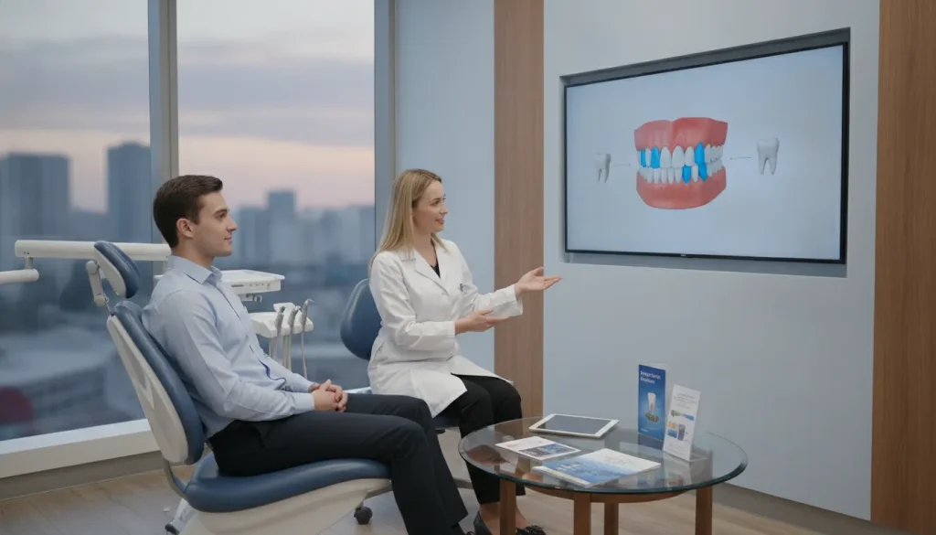Dentist explaining wisdom teeth removal to a patient using a dental diagram.