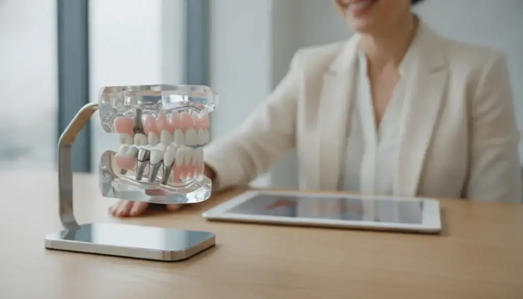 All-on-4 dental implants model showing a fixed full-arch restoration with a dentist.