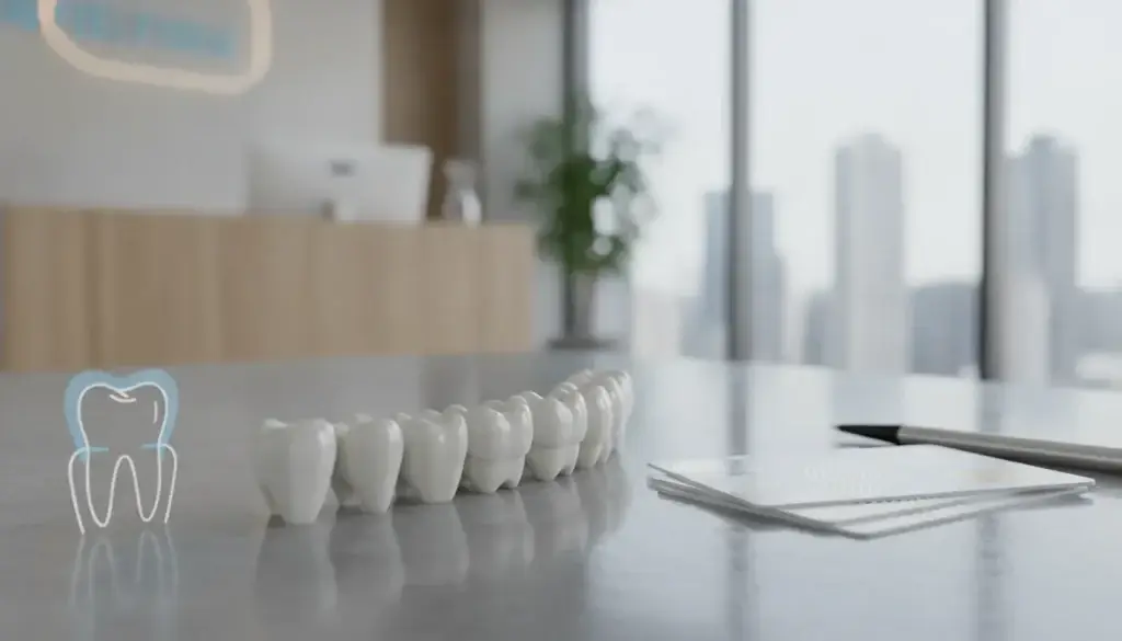 Ceramic dental crowns displayed in a modern dental office.