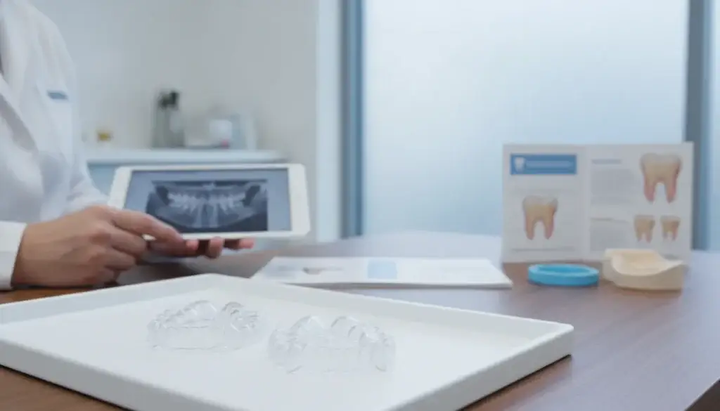Custom night guards for teeth grinding on a dental tray with a dentist reviewing a digital X-ray.