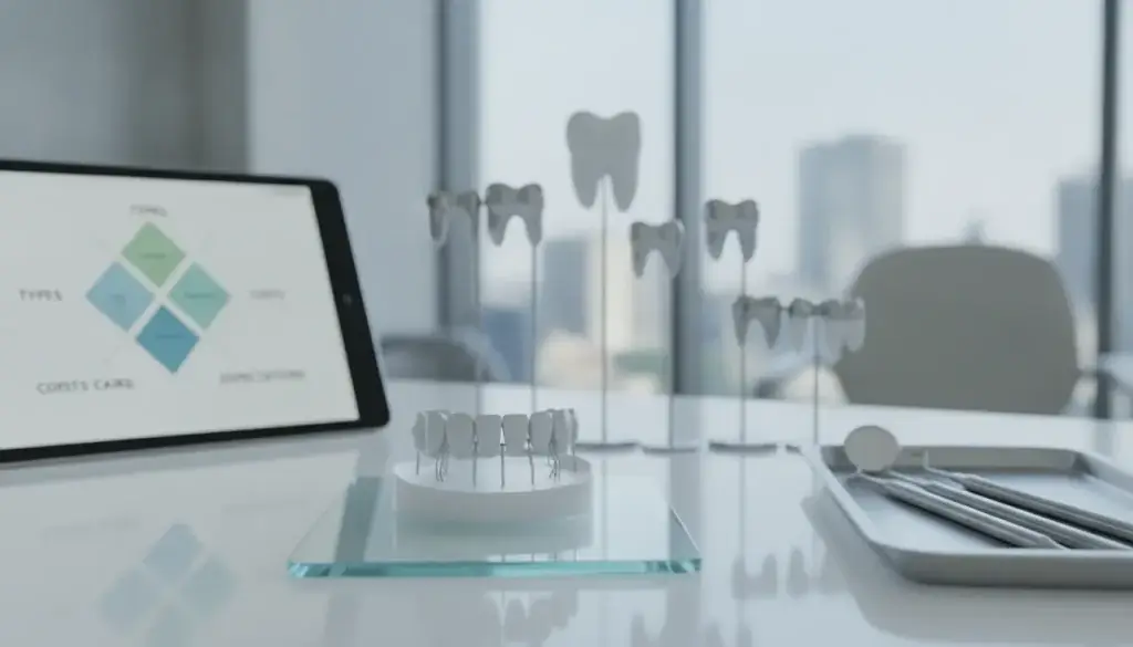 Dental bridge models and dental tools on a desk in a modern dental office.