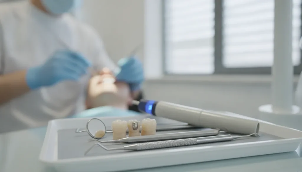 Dental filling tools on a tray as a patient receives treatment.