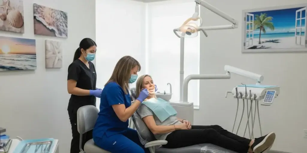 Dental professional examining a patient's gums during a routine checkup