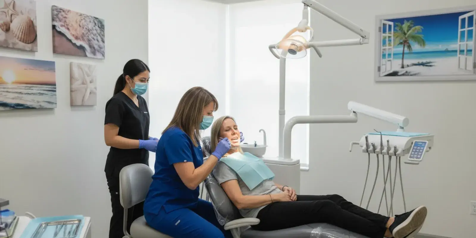 Dental professional examining a patient's gums during a routine checkup