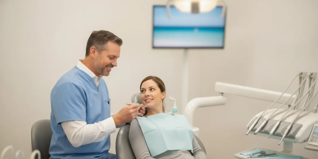 Dental professional examining a patient's gums during a routine visit