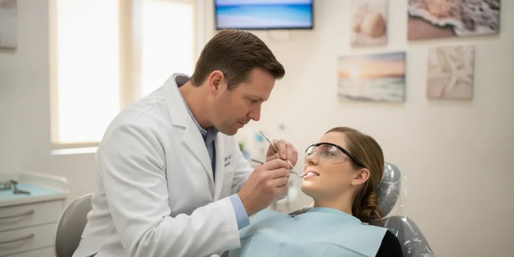 Dentist checking a patient's dental crown during an examination in a bright, comfortable dental office