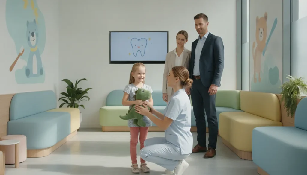 Child with parents visiting a kids dentist while holding a stuffed toy.