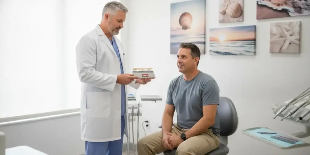 Dentist discussing a veneer treatment plan with a patient in a bright dental office