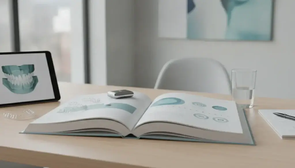 Invisalign clear aligners with dental impressions and digital scan in an orthodontic consultation room.