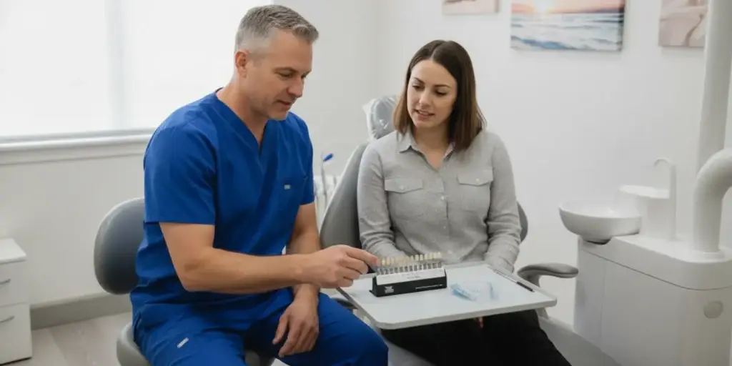 Dental professional discussing tooth whitening options with a patient in a bright treatment room