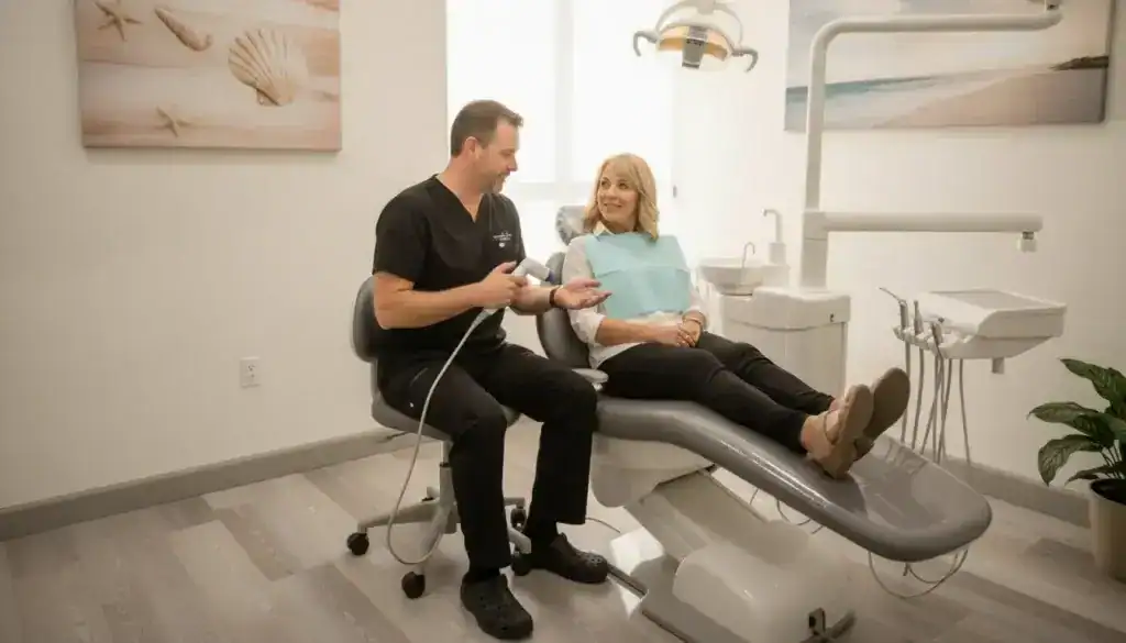 Dentist using an intraoral scanner during same-day crown treatment