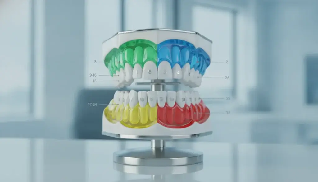 Dental model with numbered teeth and colored quadrants showing tooth locations.