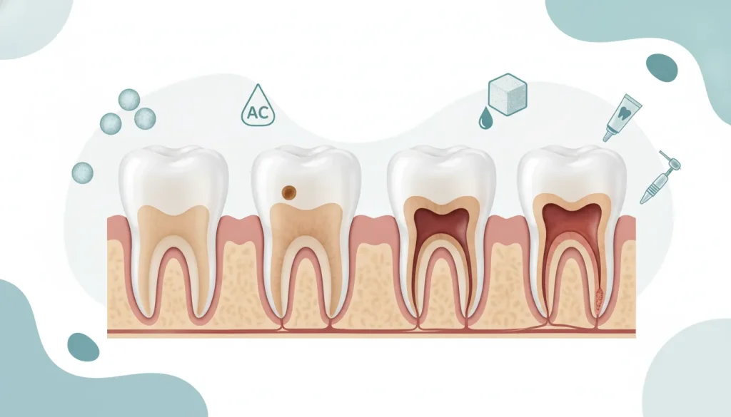 Tooth decay stages from a healthy tooth to cavity, pulp infection, and abscess.