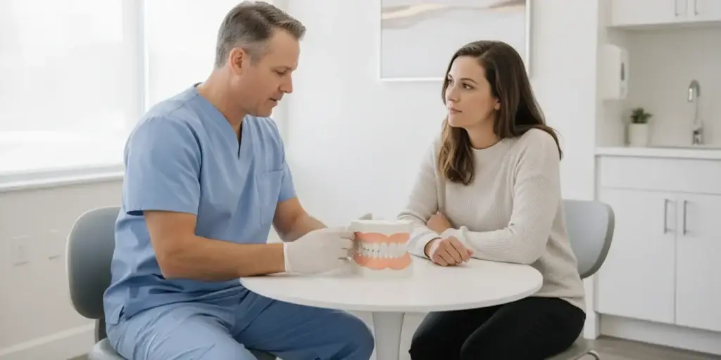 Dental professional discussing veneer and crown options with a patient