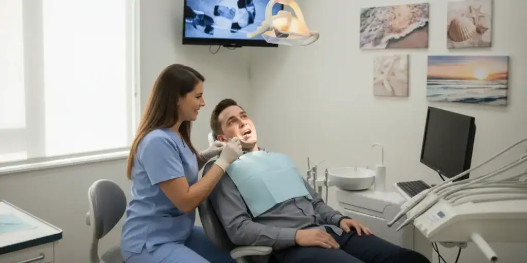 Dentist calmly examining a patient with a dental emergency in a bright treatment room
