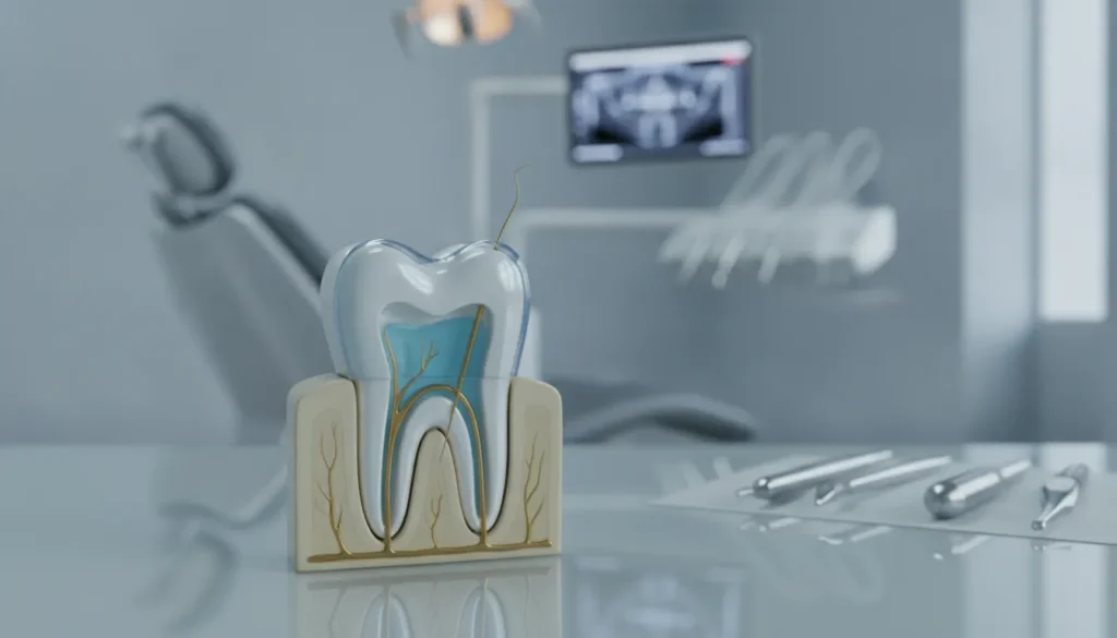 Tooth model showing root canal structure and tools for root canal treatment.